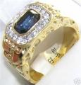 18K GOLD EP CZ SAPPHIRE EMERALD CUT MENS DRESS RING