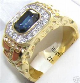18K GOLD EP CZ SAPPHIRE EMERALD CUT MENS DRESS RING
