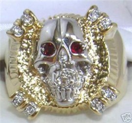 18K GOLD EP CZ ROUND MENS BIKER SKULL RING