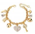 18K GOLD EP CHARM BRACELET HEART KEY PADLOCK DIAMOND SIMULATED