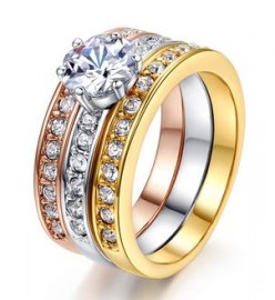 18K GOLD EP 2.5CT DIAMOND SIMULATED 3 RING ENGAGEMENT SET RING 