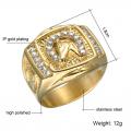 18K GOLD EP CZ ROUND CUT MENS LUCKY HORSE SHOE RING 