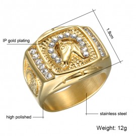 18K GOLD EP CZ ROUND CUT MENS LUCKY HORSE SHOE RING 