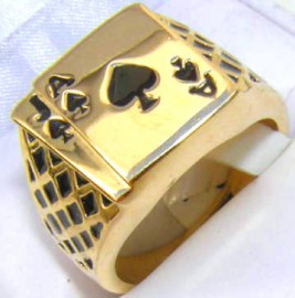 18K GOLD EP LUCKY ACE SPADES MENS CARD RING black