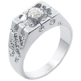 18K W GOLD EP CZ ROUND CUT MENS NUGGET SOLITAIRE RING