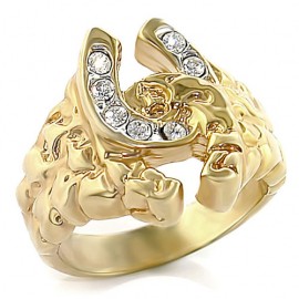 18K GOLD EP ROUND MENS LUCKY DOUBLE HORSE SHOE RING