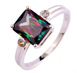 18K W GOLD EP 1.5CT MYSTIC RAINBOW TOPAZ EMERALD CUT RING WOW